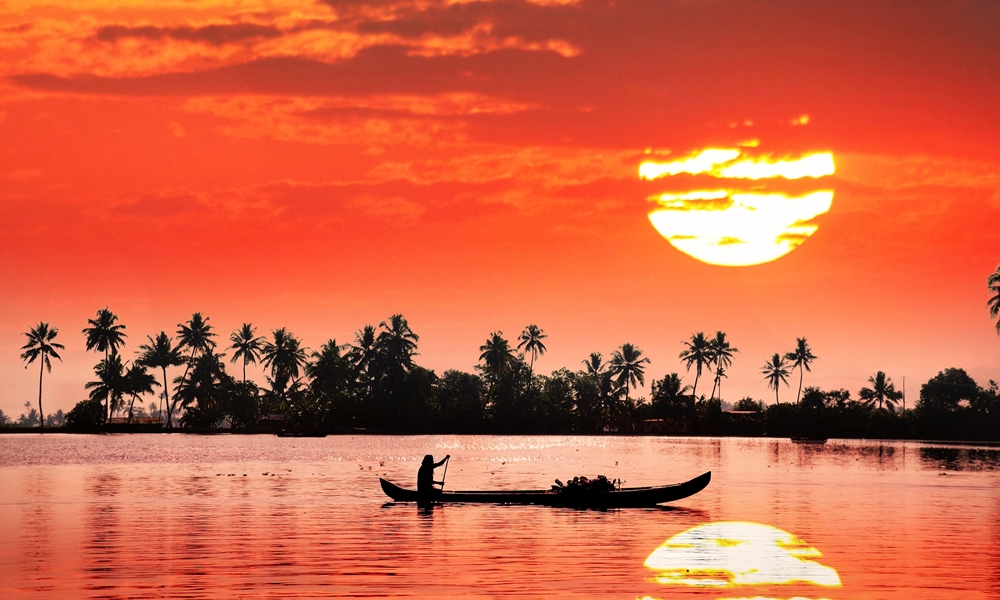 Sun setting over the backwaters of Kerala