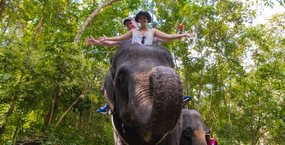 Couple enjoying elephant ride