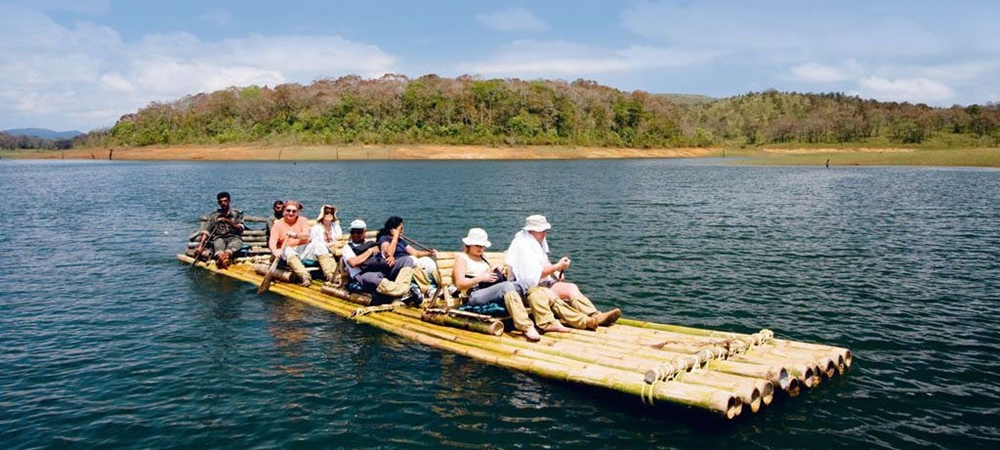 A group of travelers enjoying bamboo rafting