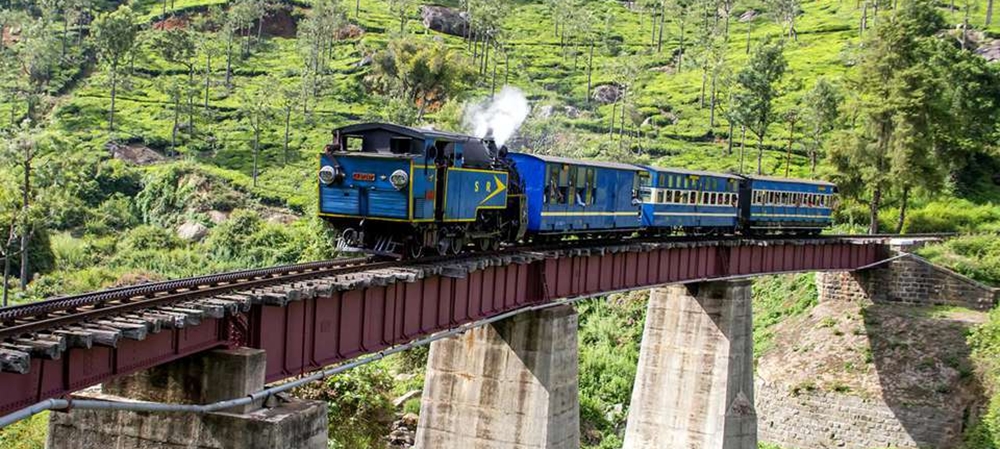 A blue train on a bridge with amazing views all around