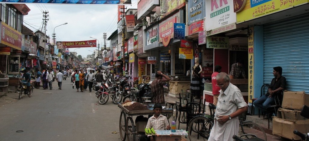 The bust street with many shops