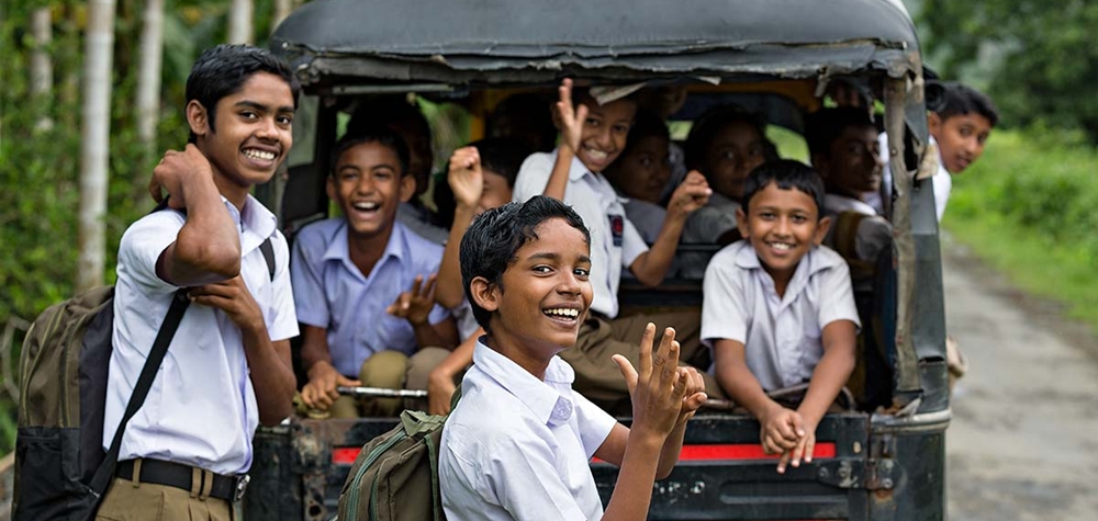 School children going in auto