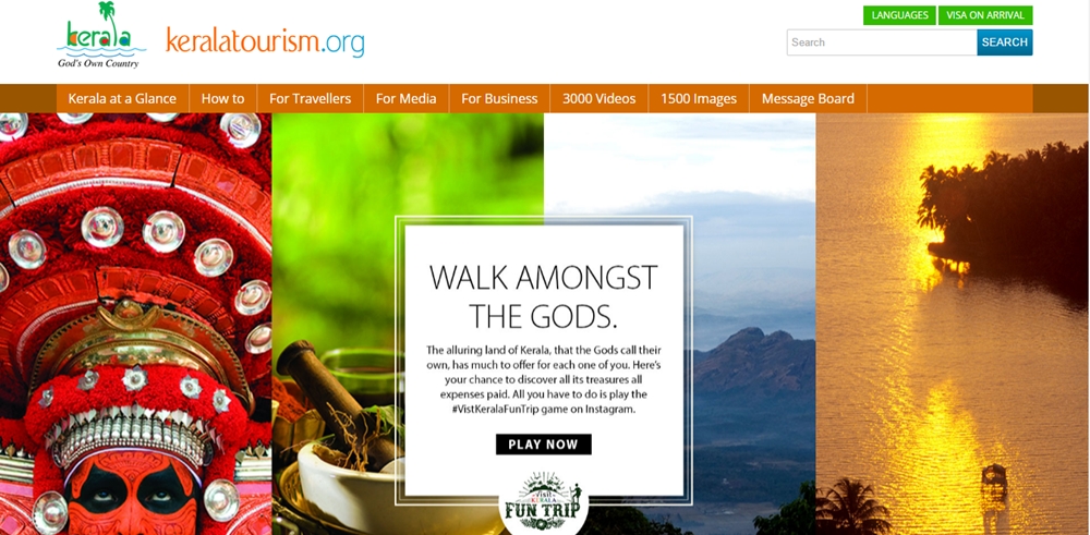 The homepage of Kerala Tourism website