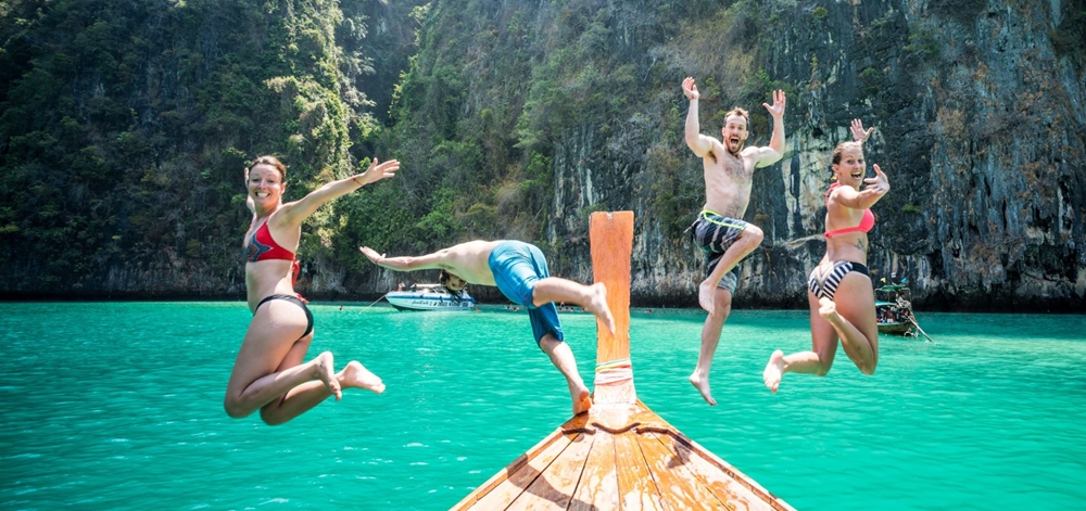 Jumping into a serene lake